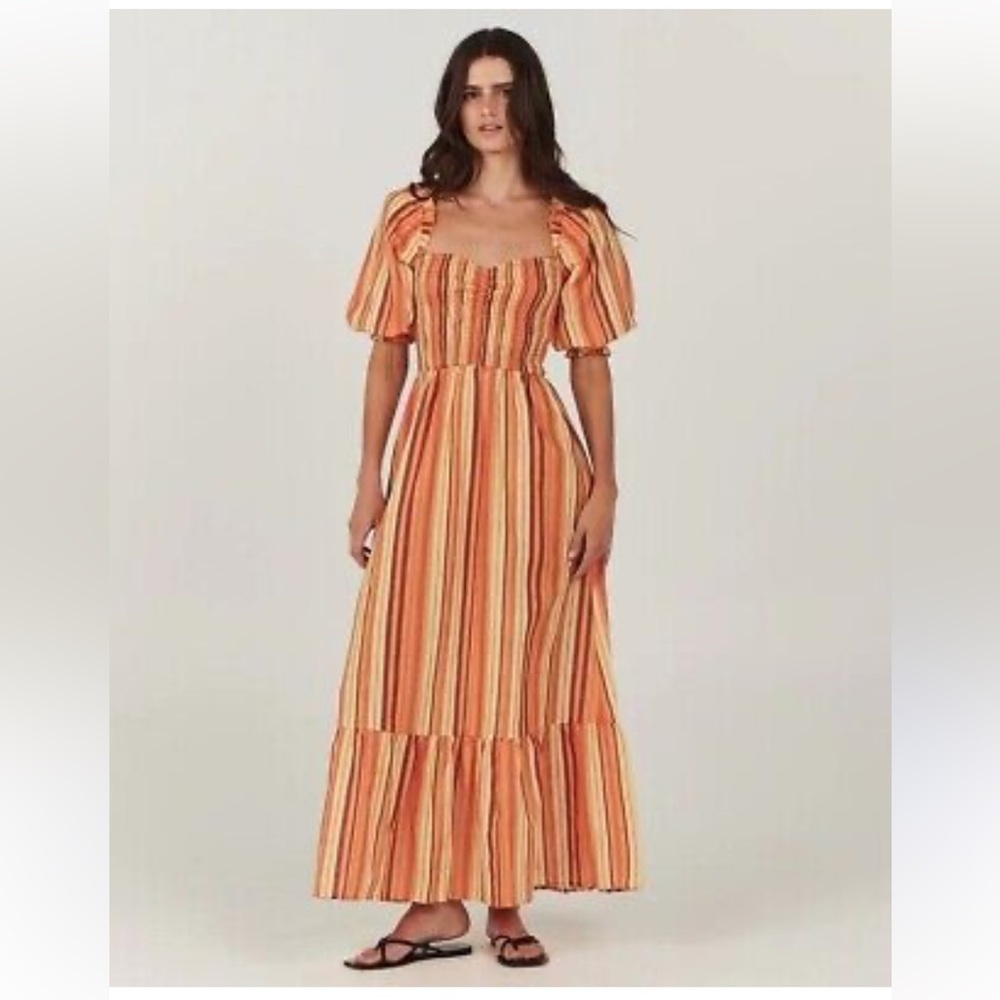 New Anthropologie Charlie Holiday Coastal Linen Stripe Smocked Tiered Maxi Dress